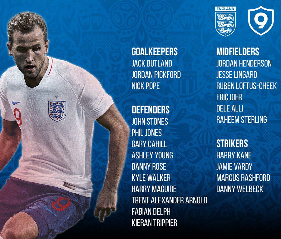 لیست تیم انگلیس برای جام جهانی 2018